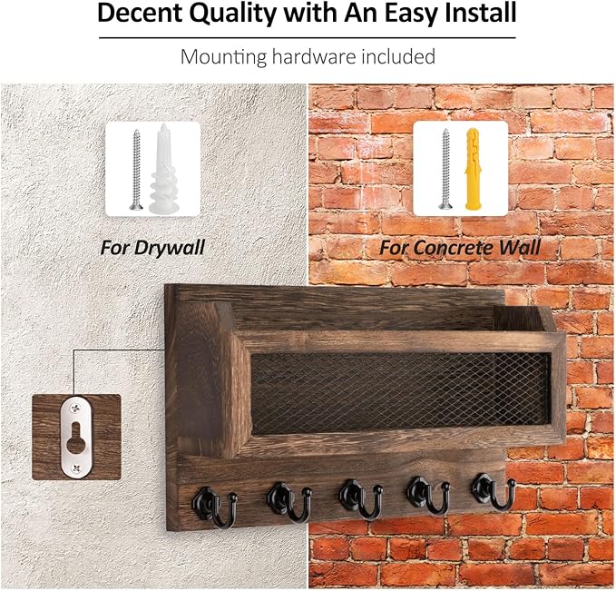 Nekon Mail and Key Holder for Wall Decorative, 11 Inch Wooden Wall Key Organizer with 5 Key Hooks, Wall Mount Storage Shelf for Entryway Hallway (Brown)