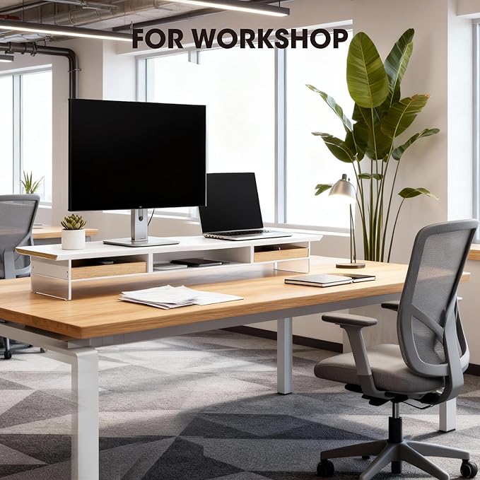 Fenge Dual Monitor Stand with Drawer, 42.5 Inch Large Monitor Riser with Acrylic Legs Supports, Computer Stand for Desk, 2 Tier Wood Desk Shelf with Storage Organizer for PC, Laptop, Printer, TV