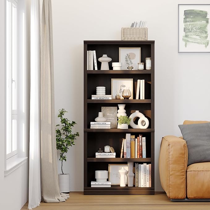 blini 5-Shelf Tall Bookcase Wooden Bookshelves 33in Wide Floor Standing Display Storage Book Shelves 70 in Dark Cherry Bookcase for Home Office, Living Room, Bed Room