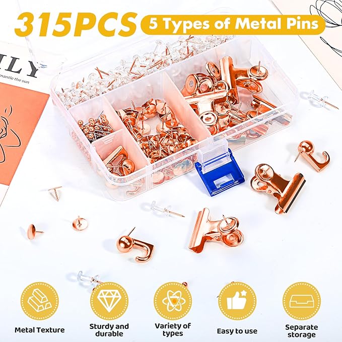 GOOLADA 315Pcs 5 Style Rose Gold Push Pins,Metal Push Pin Hooks, Push Pin Clips, Wall Pins, Cute Pushpin, Rose Gold Thumbtacks for Corkboard, Bulletin Board, Map