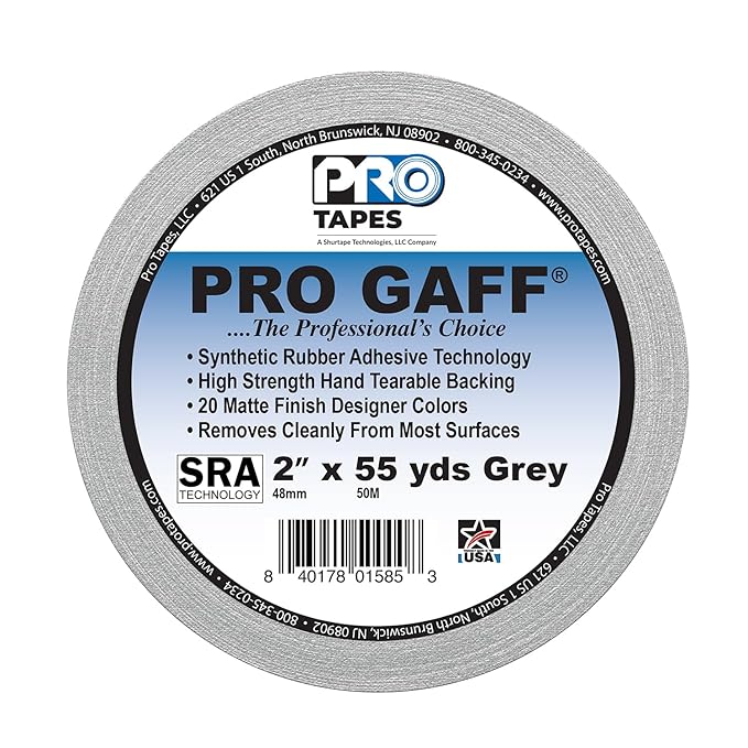 ProTapes Pro Gaff Premium Matte Cloth Gaffer's Tape With Rubber Adhesive, 11 mils Thick, 55 yds Length, 2" Width, Grey (Pack of 1)