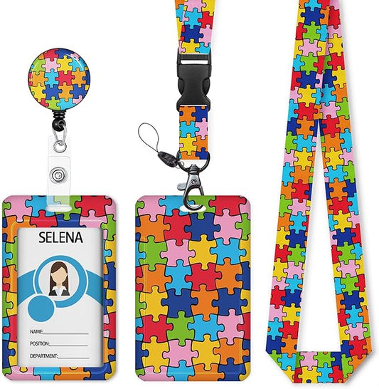 ID Badge Holder with Breakaway Lanyard, Lanyards for ID Badges Name Tags ID Card Holder, Cute Badge Reel Badge Clip Retractable, Autism Awareness Gifts