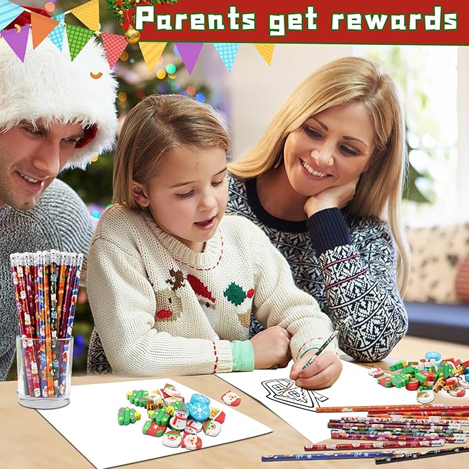 JULMELON 72PCS Christmas Party Favors Set, 36PCS Christmas Pencils with 36PCS Snowman Snowflake Santa Erasers, Pencils for School Classroom Winter Holiday Party Reward Supplies