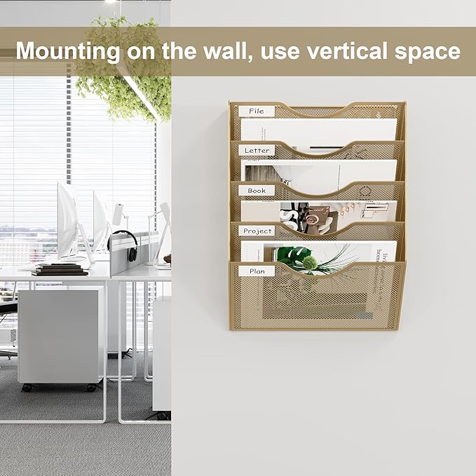 EasyPAG 5 Pocket Mesh Wall File Organizer, Hanging Paper Folder Holder with Classify Label, Vertical Wall Mount Mail Organizer for Office Home Classroom, Gold