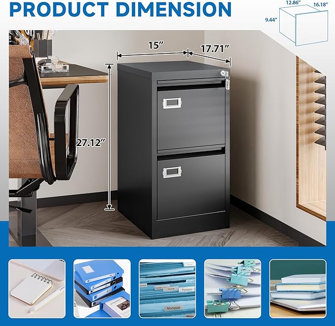 BYNSOE 2 Drawer File Cabinet with Lock Metal Vertical Filing Storage Cabinet Office Home Steel Vertical File Cabinets for A4 Legal/Letter Size Narrow File Cabinet Locked,Assembly Required