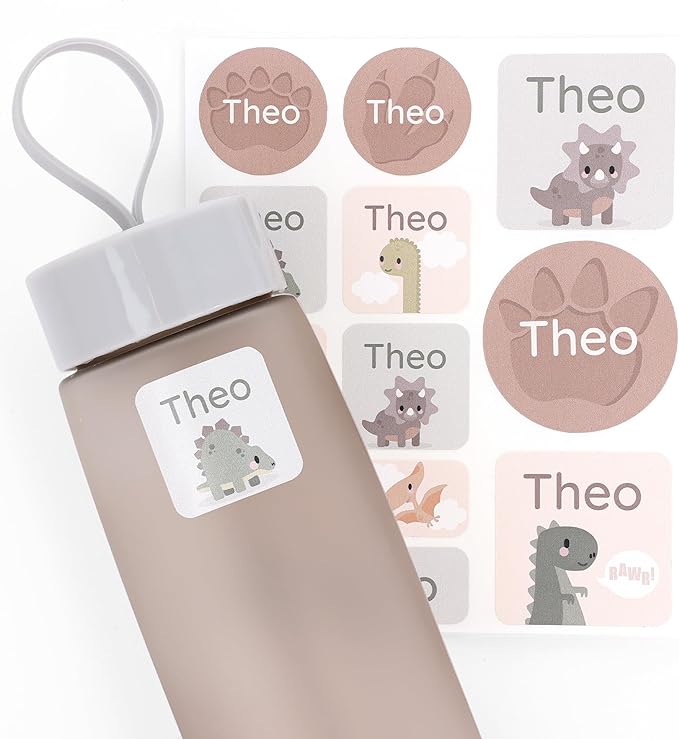Large Name Labels for Kids (33) - Custom Stickers for Daycare and School Supplies - Durable, Waterproof Stickers for Water Bottles, Lunch Boxes, and More with Unique Designs - Dinosaur