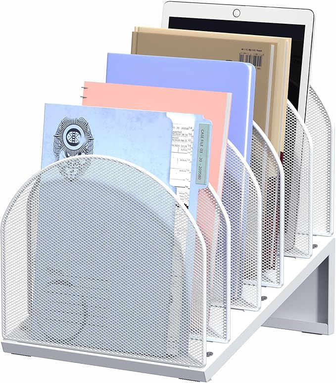 OUTIOE 5-Section Desk File Organizer, Metal Mesh Folder Organizer for Documents, Mail & Office Papers (White)