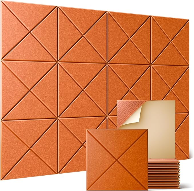 Sonicism 12 Pack X-Lined Acoustic Panels with Self-Adhesive, 12"X 12"X 0.4" Sound Proof Foam Panels, Decorative Soundproof Wall Panels, Sound Absorbing Tile for Home & Offices, Orange