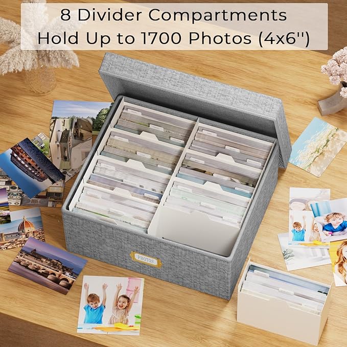 Decorative Photo Storage Box - 2 Pack Linen Photo Box Organizer with Dividers, Fits Holds Up to 1700 Pictures and 4x6 Photos, Memory Keepsake Organizer for Scrapbook Supplies, Cards, Stamps (Grey)