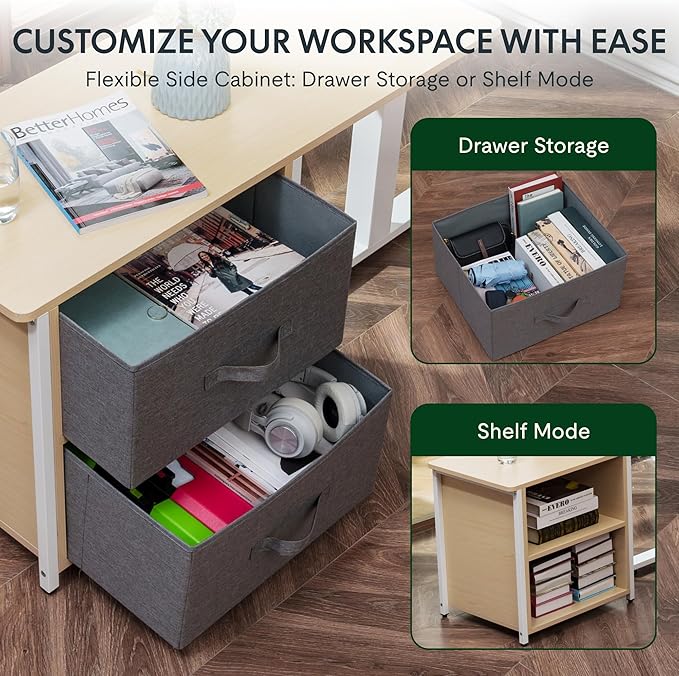 FLEXISPOT 63'' L Shaped Reversible Standing Desk with Drawers and Shelves, Large Corner Stand Up Executive Desk for Home Office, Light Wood Grain Top+ White Frame