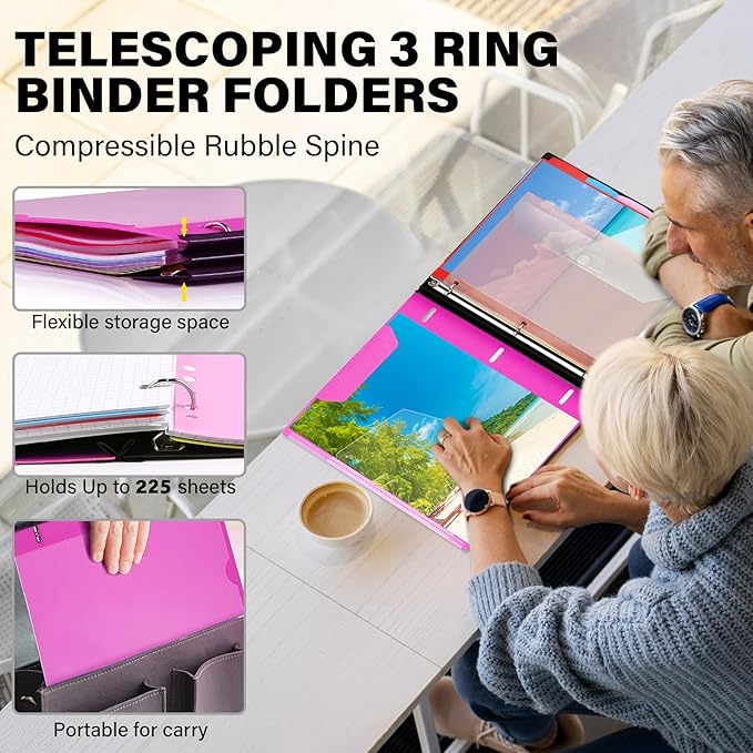 WOT I Telescoping Project Organizer, Refillable Binder with Dividers and Pockets, 13 Pocket Folders, 1 Inch 3 Ring Binder, Pink