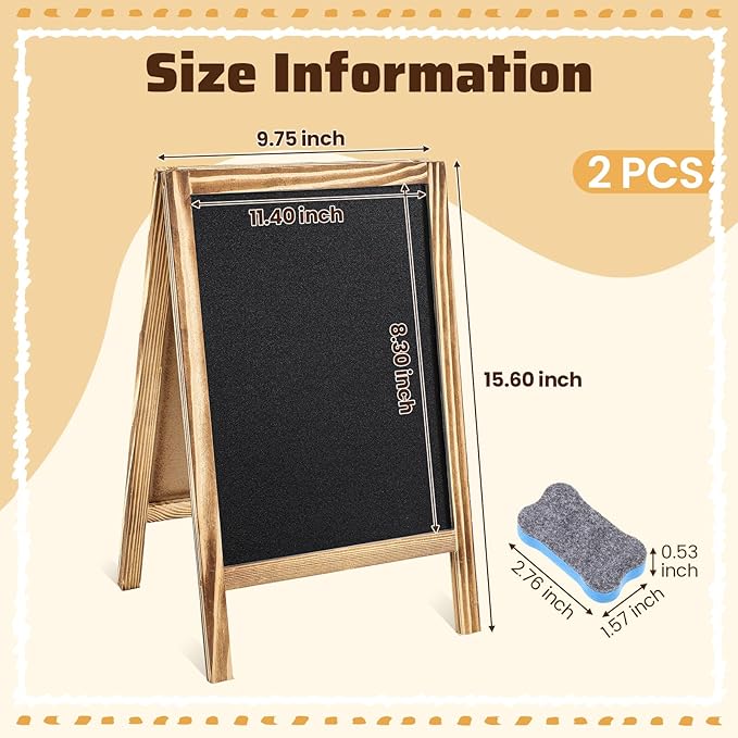 Henoyso 2 Pcs 16" x 10" Small Chalkboard Easel Tabletop Chalkboard Signs Menu Wooden A Frame Sandwich Board for Table, Double Sided with 2 Erasers for Bar Parties Display Home Decor(Brown)