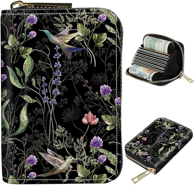 BWEGRHE Cute Credit Card Holder with Zipper, Wild Flower Hummingbird RFID-Blocking Card Case Small Wallet for Women Men, Multi-slot Card Organizer Case Travel Accordion Wallet