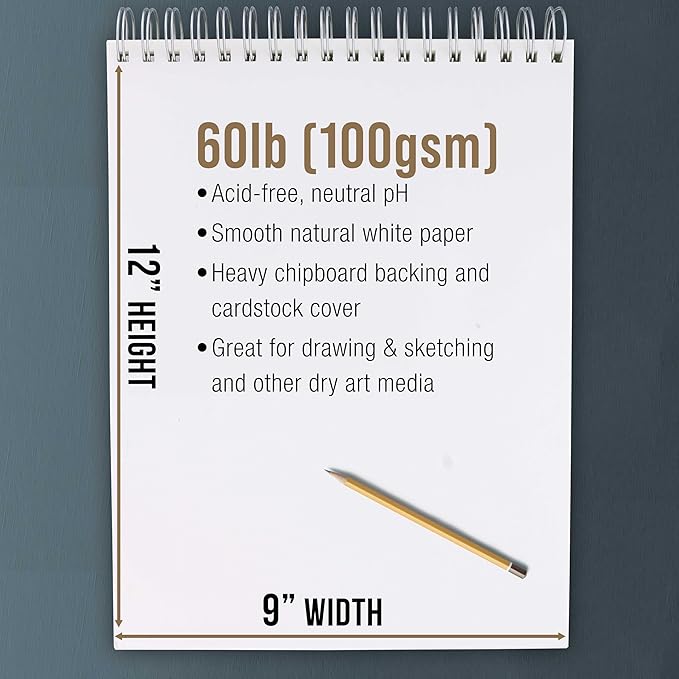 U.S. Art Supply 9"x12" Top Spiral Bound Sketch Book, 2 Pack, 100 Sheets Each, 60lb (100gsm), Acid-Free, Artist Sketchbook, Drawing Pad for Adults & Students