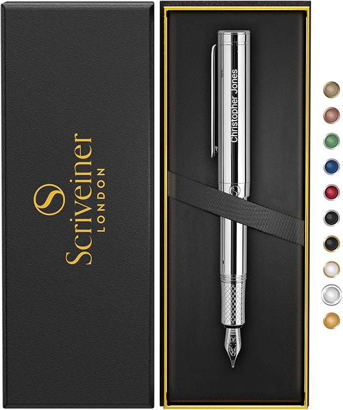 Scriveiner Personalized Silver Chrome Fountain Pen (Medium), Award Winning Luxury Pen, Heavy Pocket Pen, Chrome Finish, Best Engraved Fountain Pen Gift Set for Men & Women, Name Engraving