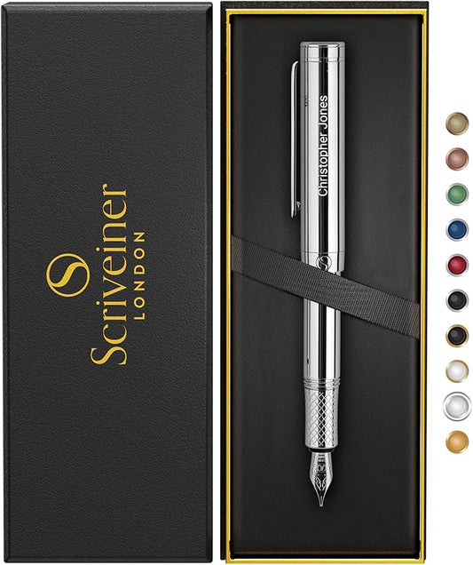 Scriveiner Personalized Silver Chrome Fountain Pen (Medium), Award Winning Luxury Pen, Heavy Pocket Pen, Chrome Finish, Best Engraved Fountain Pen Gift Set for Men & Women, Name Engraving