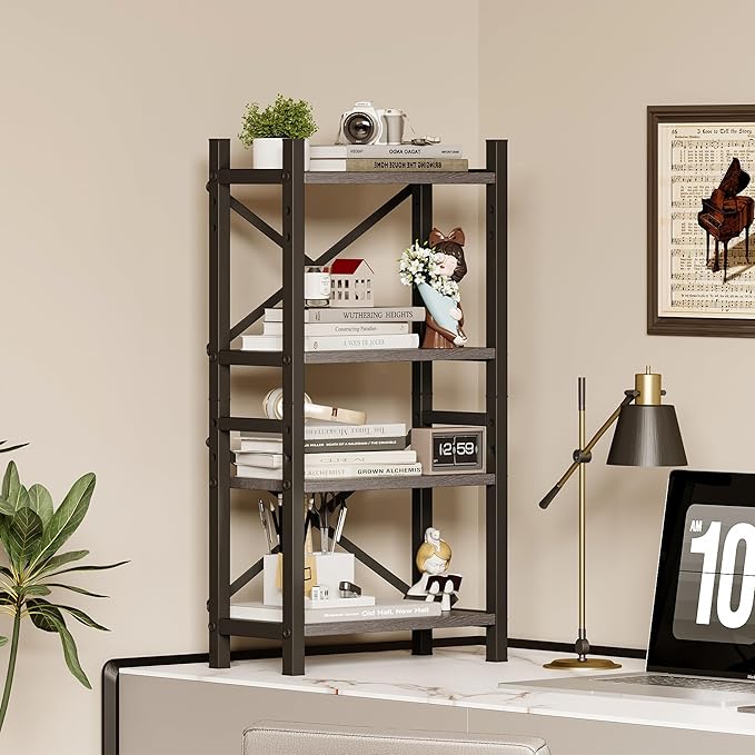 Homeiju Desktop Bookshelf, 4-Tier Stackable Narrow Desk Bookcase, Adjustable Industrial Desk Organizer Display Shelf, Wood Desktop Book Organizer for Living Room, Bedroom and Home Office(Grey)