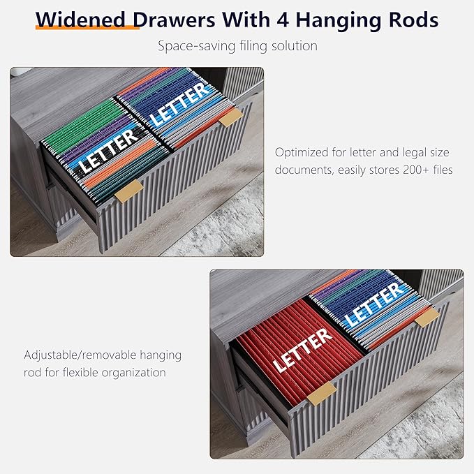 JXQTLINGMU 2 Drawer File Cabinet with Charging Station, 30" Fluted Lateral File Cabinet w/Files Hanging Rod for Letter/Legal/A4, Large Tabletop for Printer, Office Wood Printer Cabinets, Grey