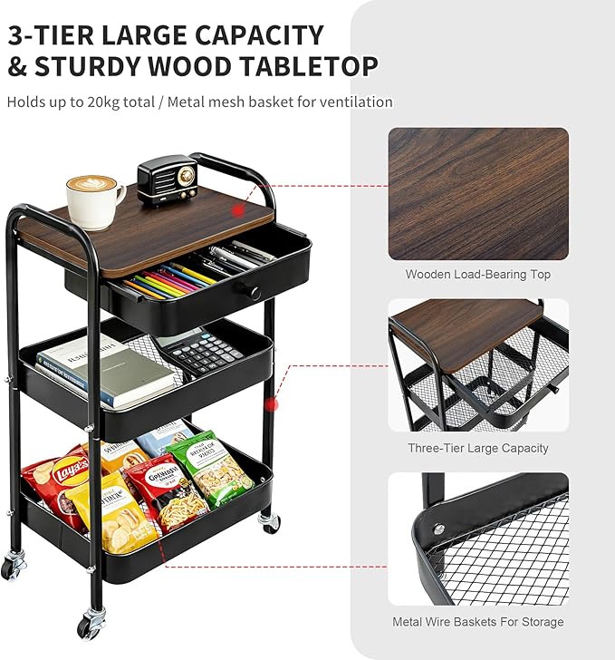 CAMOAT 3-Tier Rolling Storage Cart with Wooden Top and Drawer, Metal Mesh Mobile Utility Cart with Handle and Lockable Wheels, Multipurpose Organizer Trolley for Kitchen, Living Room, Bathroom,Office