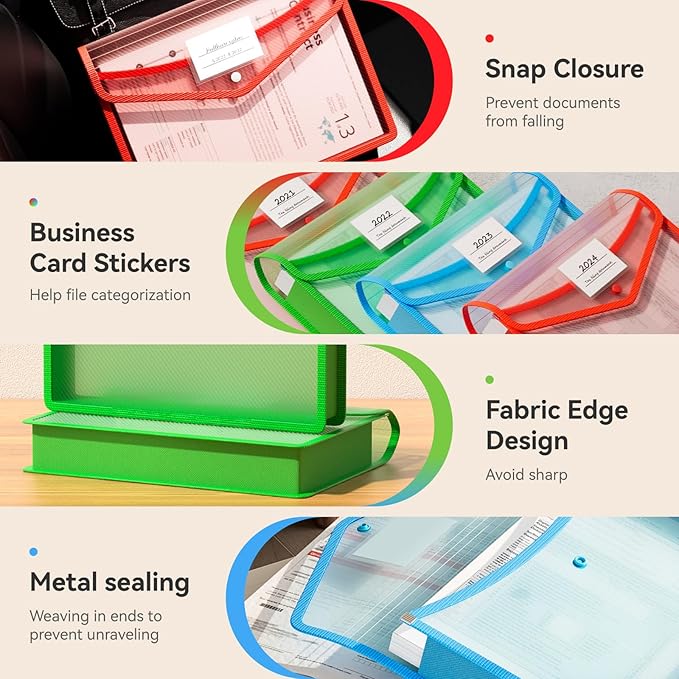 ABC life 6-Pack Plastic Expanding File Folder, Translucent Envelopes with Snap Closure, Large Capacity, Assorted Colors, Large Capacity, Fits Letter/A4 Size - RGB Color