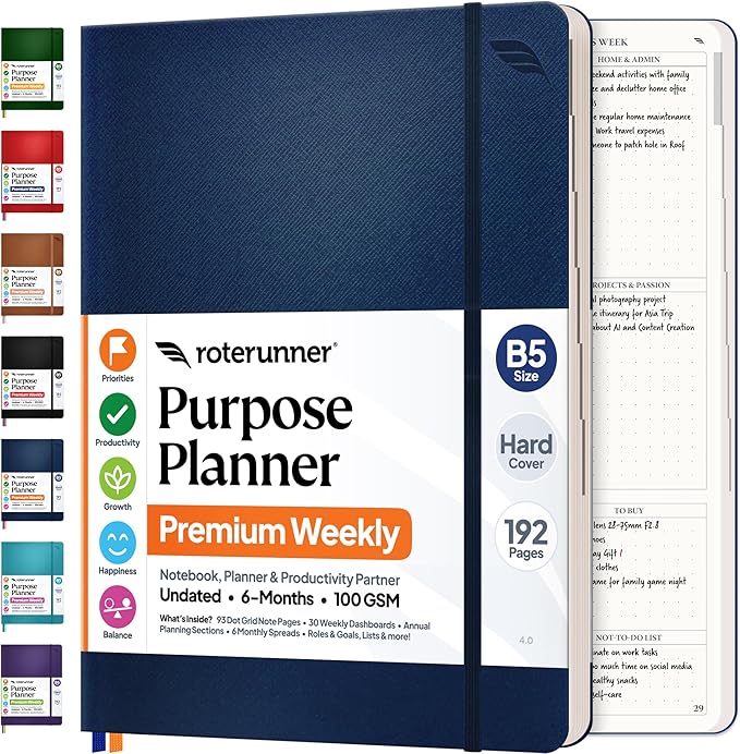 Roterunner Purpose Planner Notebook B5 7.5”x9.8” Undated Planner 2026 Daily Weekly and Monthly Productivity Goal Setting Tool for Work Home ADHD Planner for Adults Self Care Journal