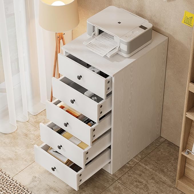TUSY 5 Drawer File Cabinet - 31.5" H Wood Vertical Filings Chest Under Desk, Classic File Storage Cabinet for Home Office, Small Printer Stand with Drawers, 15.75" W x 19.69" D x 31.5" H, White