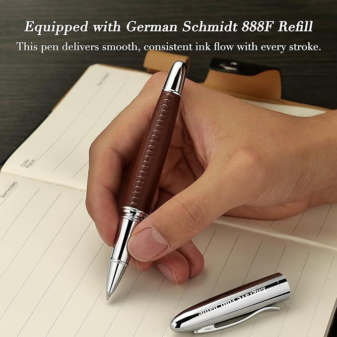 BEILUNER 318 Luxury Personalized Leather Pen, Hand-Stitched Premium Leather, Chrome-Plated Finish, Schmidt Refill, Fancy Rollerball Pen Gift Set for Men & Women, Executive Writing, Nice Designer pen