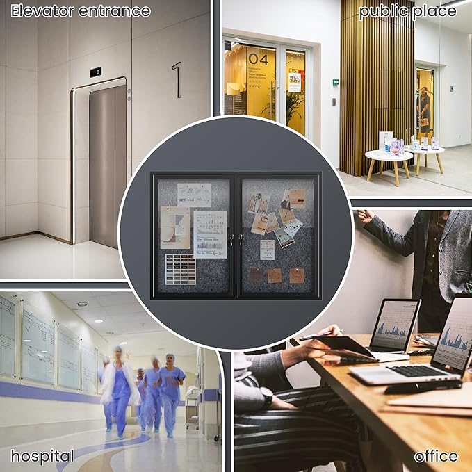 48"x36" Lockable Enclosed Bulletin Board, Outdoor Flet Weather-Resistant Aluminum Frame Notice Board, Wall Mounted Display Case Acrylic Doors for School,Office,Black Frame w/Grey Flet
