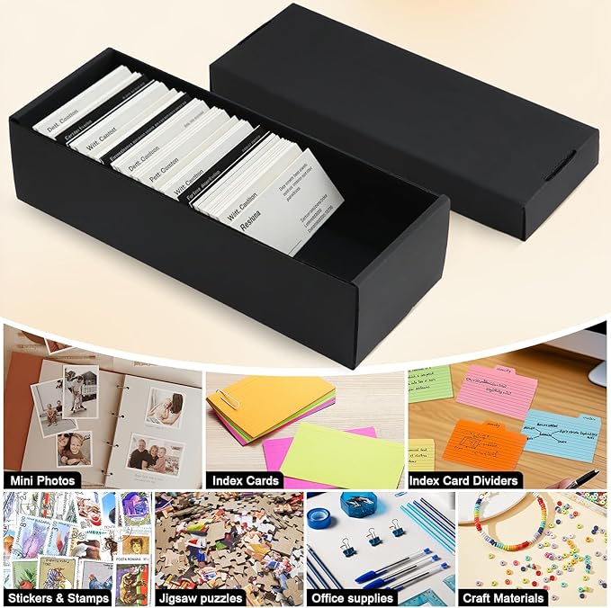 QLOUNI Business Card Storage Box 4 Pack, Business Card Holder Case with Lids, Holds 3200 Cards Total, 3-Layer Corrugated Desk Business Card Organizer, Black Card Index Photo & Office Supplies Storage