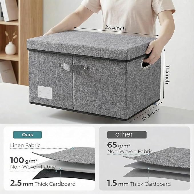 PRANDOM Storage Bins with Lids [3-Pack] Linen Fabric Foldable Storage Boxes Organizer Containers Baskets Cube with Cover for Bedroom Closet Office Grey(23.4X15.9X11.4)