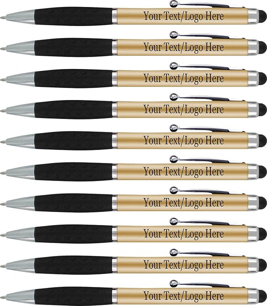 SyPen Personalized Pens With your Custom Logo or Text-300 Pack Bulk-for Businesses, Parties, and Events, 2 in 1 Ballpoint Pen & Stylus Compatible with Touchscreen Devices, Gold Barrel, Black Ink
