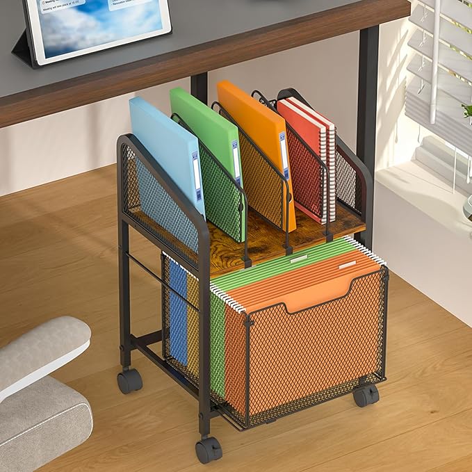 Tiaoheka Rolling File Cabinet with Adjustable Dividers, Vertical Filing Cabinet with Storage Drawer on Lockable Wheels, Hanging File Organizer Beside Under Desk for Office, Home（Patent Pending）