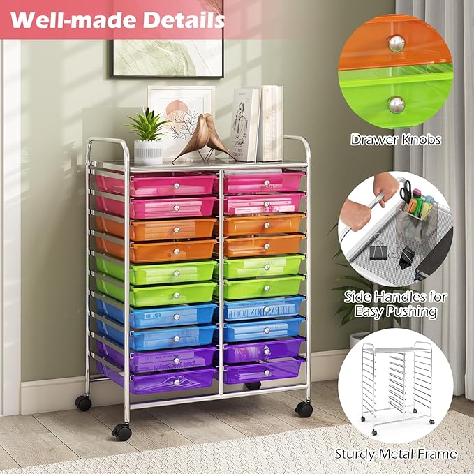 Happygrill 20-Drawer Organizer Cart Tools, Mobile Utility Storage Cart with Removable Drawers & Lockable Wheels, Rolling Storage Cart with wheels for Home Office School (Rainbow)