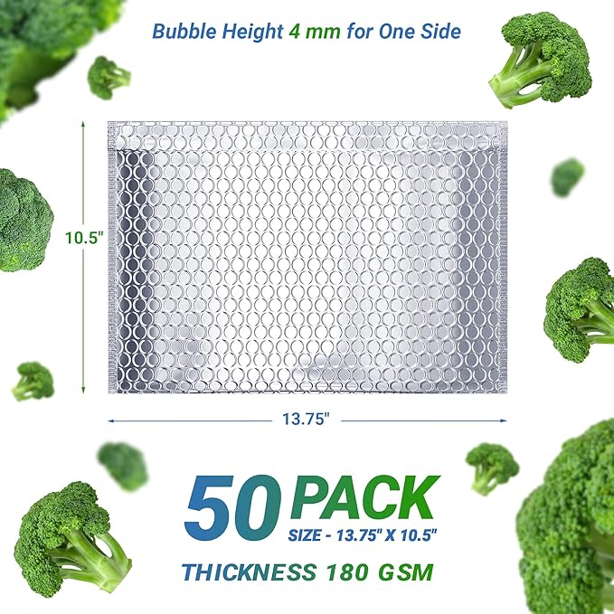 Amiff Silver Thermal Bubble Mailer, 13.75 x 10.5 Inches. 50 Pack Metallic Bubble Mailers. Self-Seal Insulated Mailers for Cold Shipping. Padded Envelopes Waterproof. Thermal Bag for Food, Cosmetics