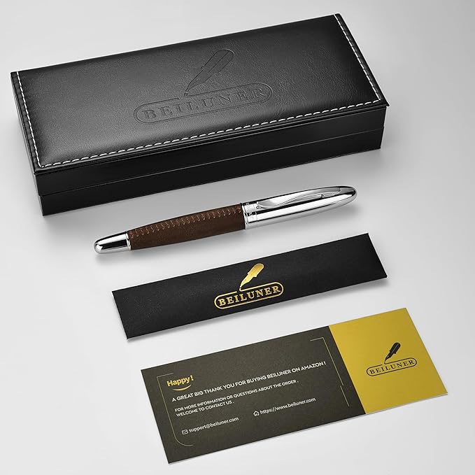 BEILUNER 318 Luxury Leather Pen, Full Grain Oil Tan Crazy Horse Cowhide Leather, Chrome-Plated Finish, Schmidt Ink Refill, Best Rollerball Pen Gift for Men & Women,Executive, Professional, Nice Pens
