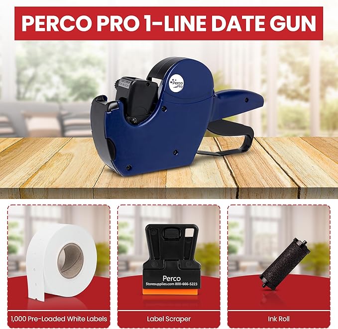 Perco Pro 1 Line Date Gun, 8 Digit 1 Line Date Label Gun Preloaded with Roll of 1000 White Labels, Preloaded Ink Roll