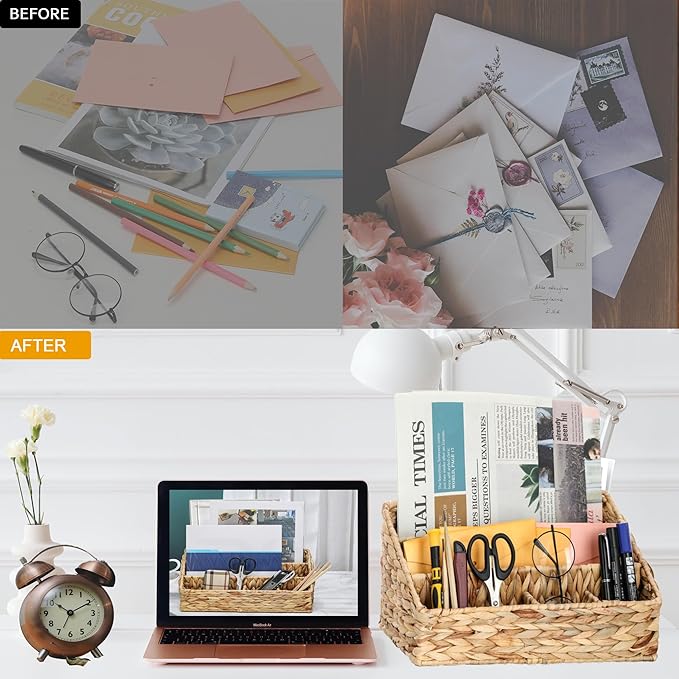 Boershun Desk Organizer – Countertop Mail Organizer, Magazine Holder, Boho Decor Water Hyacinth Desk Mail Holder for Home Office, Farmhouse, 12.6" L x 6.7" W x 6.3" H