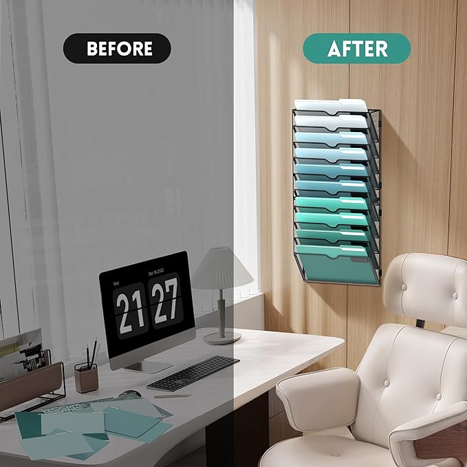 SUPEASY 10-Tier Wall File Organizer, Hanging Wall Files for Papers, Folders, Magazines, Wall Organizer for Clipboard, Assembly Needed, Black, 2 Pack