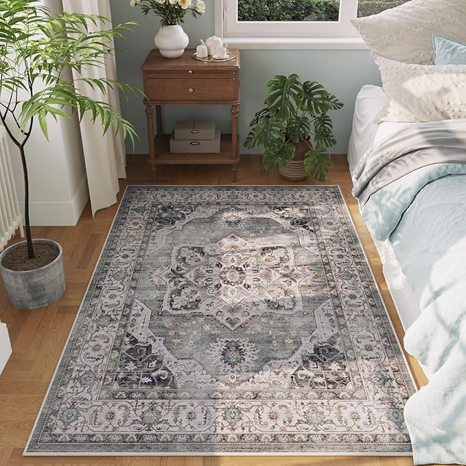 Rugcomf Vintage Medallion 3'x5' Washable Rug - Non-Slip Low Pile Area Rug, Small Boho Carpet for Bedroom, Bedside, Kitchen, Entryway, Kids/Girls Room, Office - Grey and White
