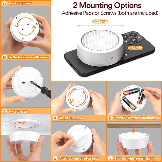 TECOMLIGHT Puck Lights with Remote Control, Battery Powered Wireless LED Under Cabinet Lighting, RGBCW Stick On Push Lights 6 Pack - White