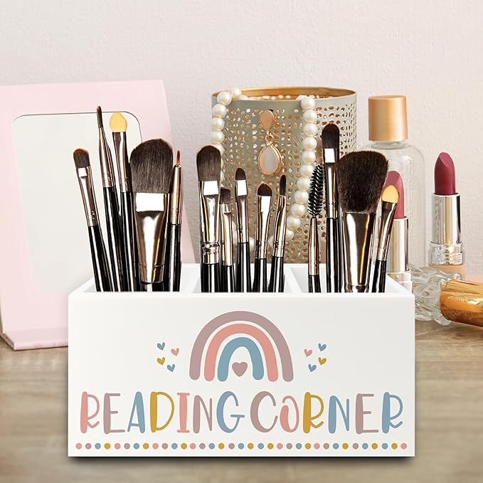 QZQE Boho Reading Corner Pen Pencil Holder Organizer for Desk, Boho Rainbow Bookish Wooden Box Signs Decorations for Reading Nook Corner Room Desk Tabletop, Book Lover Reader Gifts