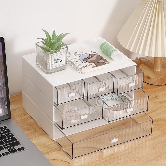 Ykpokir Desktop Organizer with Drawers Stackable Storage Stackable Drawers 3 Tier White Desk Storage Organizers, Plastic Makeup Storage Accessories