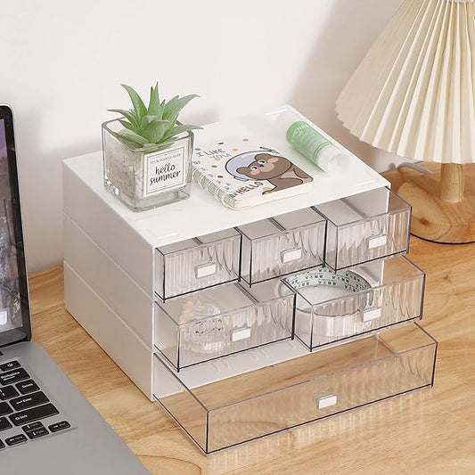 Ykpokir Desktop Organizer with Drawers Stackable Storage Stackable Drawers 3 Tier White Desk Storage Organizers, Plastic Makeup Storage Accessories
