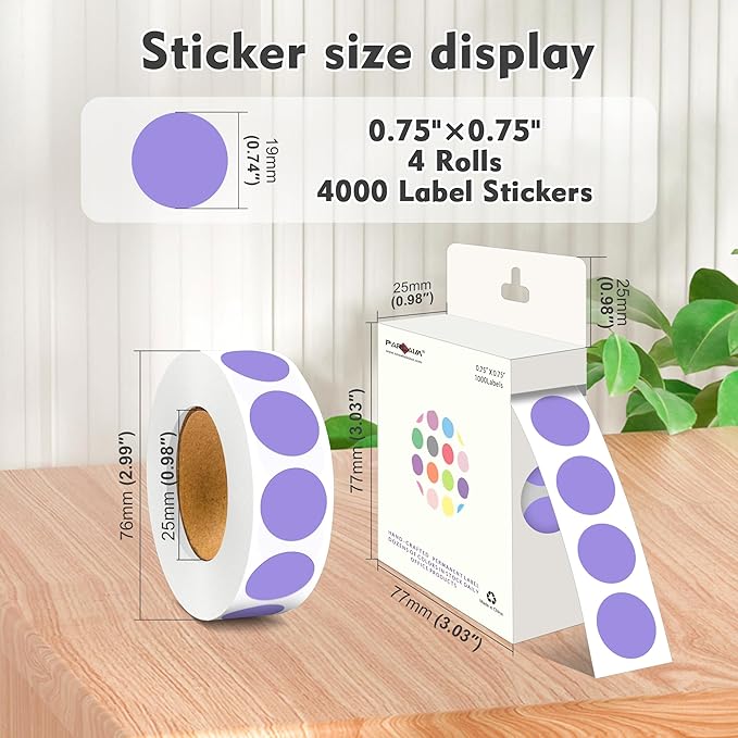 PARLAIM 3/4 Inch Roll Color Coding Labels,4000 per/4 Rolls Round Adhesive Color Coding Circle Dot Stickers for Office Home(Lavender)