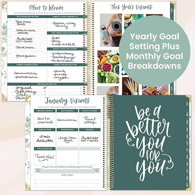 bloom daily planners 2026 Hardcover Calendar Year Goal & Vision Planner (January to December) - Monthly & Weekly Agenda Organizer - 7.5" x 9" - Eucalyptus, White