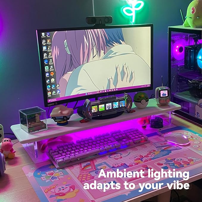 ROCDEER Bamboo Monitor Stand Riser with RGB Lights,31.5 Inches Desktop Shelf with Acrylic Legs Supports for Desk, PC Computer Monitor, Laptops, Printer, Speakers (White)