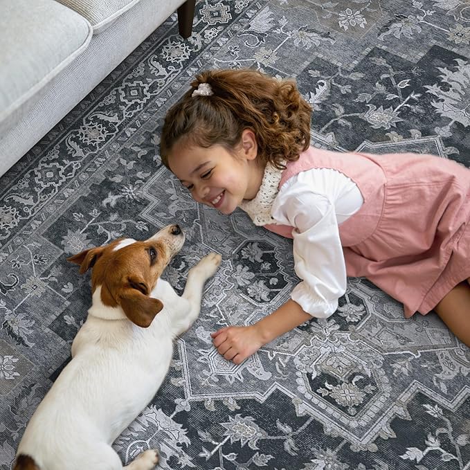 GENIMO 2'6''x10 Runner Rugs for Hallway, Machine Washable Non Slip Vintage Rugs, Low Pile Lightweight Soft Print Rug for enrtyway, Corridor, Home Office, Kitchen,Dark Gray