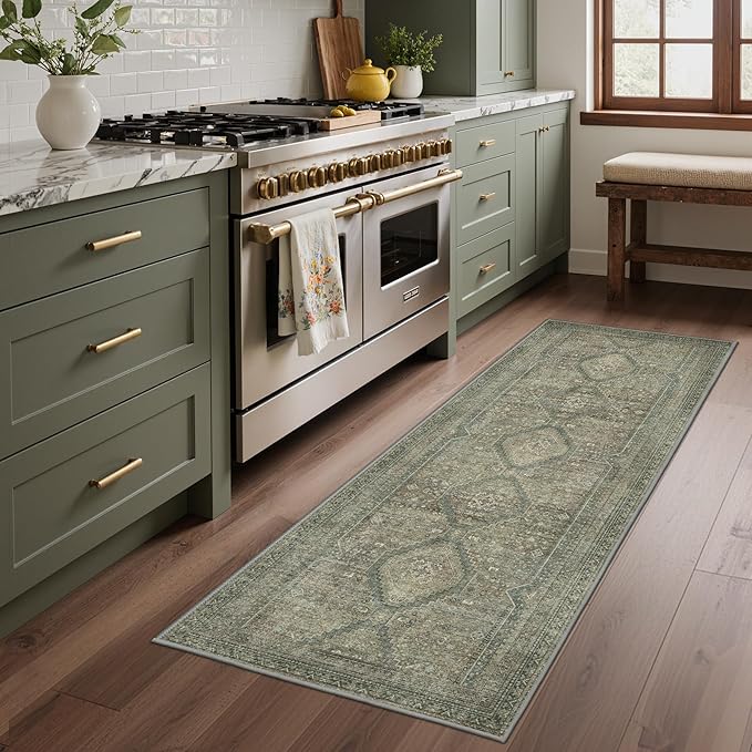 GENIMO Runner Rug 2x6 Non Slip Machine Washable Hallway Runner Rug, Low Pile Lightweight Rugs for Entryway, Hallway, Kitchen and Corridor, Sage/Blue