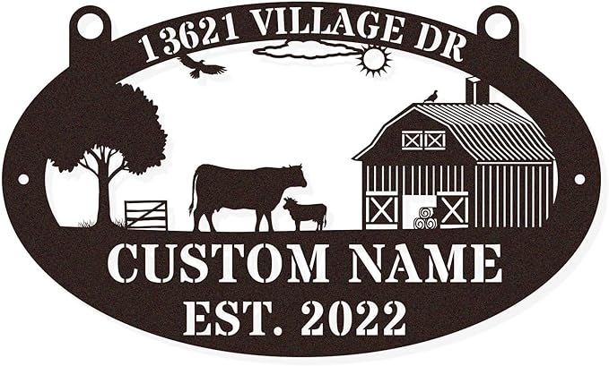 Custom Farmhouse Metal Sign | Personalized Last Name & Established Date Farm Scene Wall Art | Metal Farm Wall Art & Garden Decor | Unique Farmer Gift, Housewarming, or Ranch Decoration