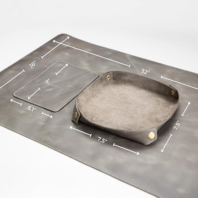 Node Leather - Genuine Leather Desk Mat (32" x 16"), Desk Organizer & Cup Coaster - Leather Office Set - Premium Handmade Office Accessories for Elegant Workspace - Gray